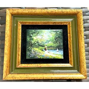 Vintage Miniature Art Enamel On Copper Mini Painting 4" x 5" Boy Sailboat Floral